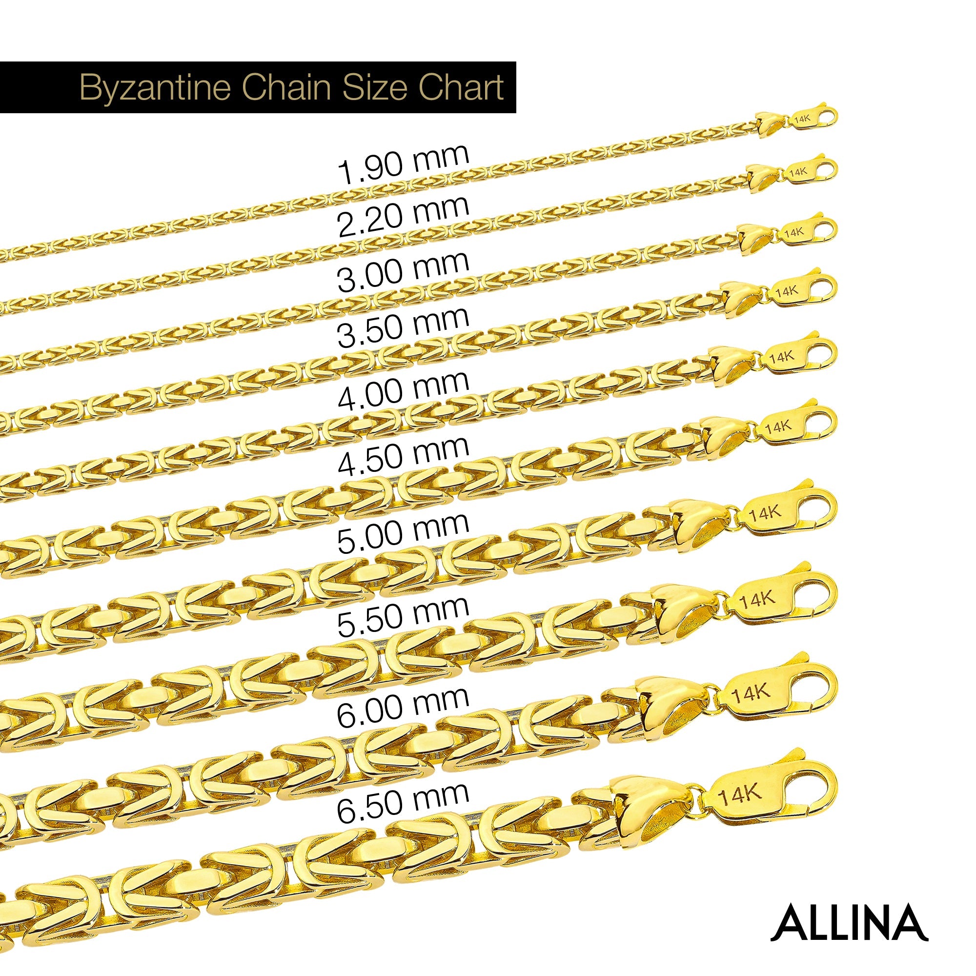 14K gold Byzantine square chain necklace, 1.90mm, featuring a polished finish and interlocking links.